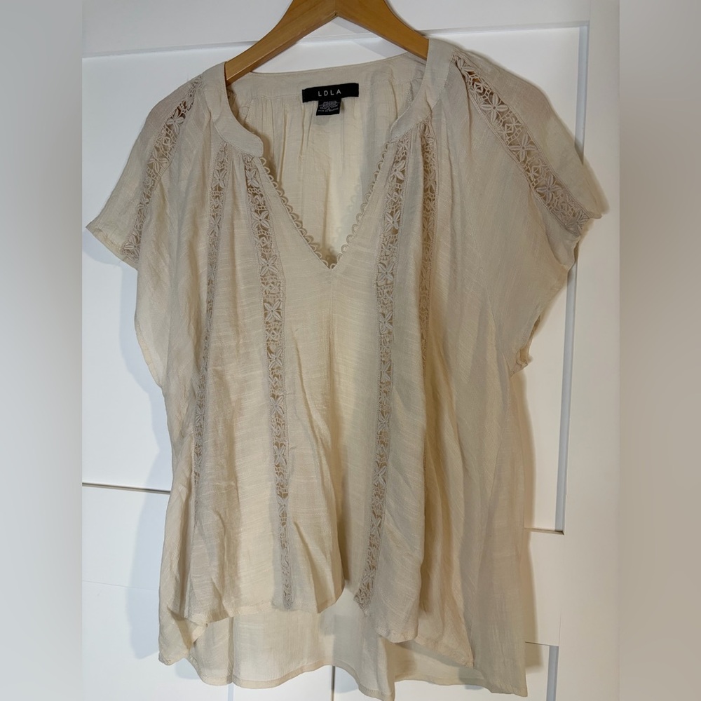 LOLA Women Cream Boho Crochet Lace Trim V-Neck Blouse XL B1332W024JI